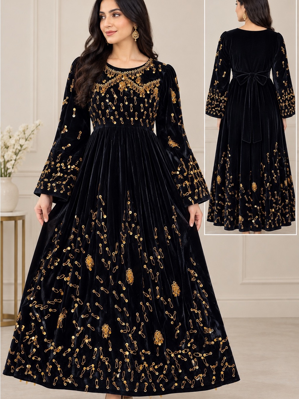 Elegant Black Velvet Maxi Dress with Gold Embellishment